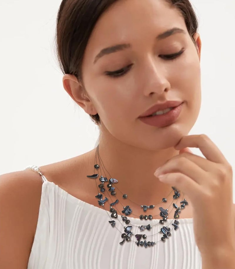 Errally Store Multi-Layer Boho Shell Beaded Necklace for Women Colorful Crystal Strand with Silver Beads Statement Collars Necklace and Earrings Costumes Jewelry Sets for Women - Image 3